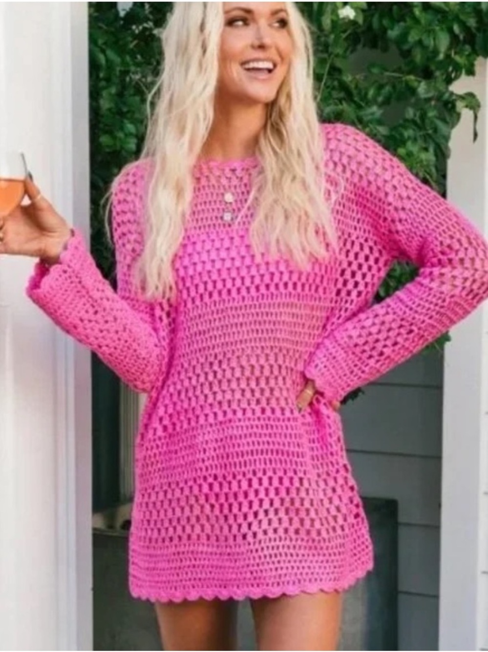 Show Me Your Mumu Paula Pullover Hot Pino Crochet Long Sleeve Swim Dress Medium
